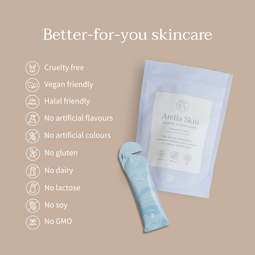 Arella Collagen sachet and Skin Gummies pouch beside dietary suitability information