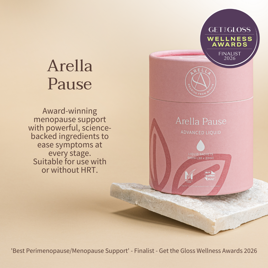 Pink cylindrical tub of Arella Pause liquid menopause support, displayed on a light stone plinth against a warm beige background with product text and a Get Gloss Wellness Awards 2026 finalist badge.