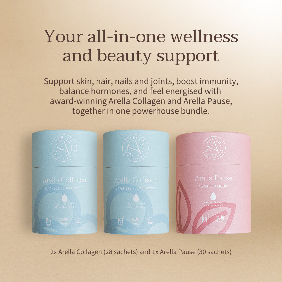Two blue Arella Collagen tins and a pink Pause tin in the wellness bundle