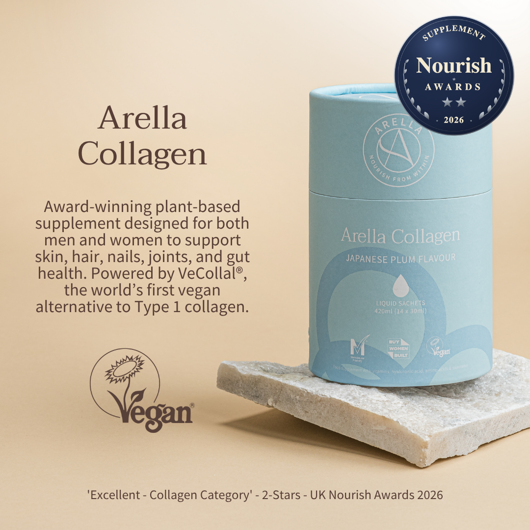 Tube of high quality vegan liquid collagen on stone plinth against a beige backdrop, with award badge and promotional text.