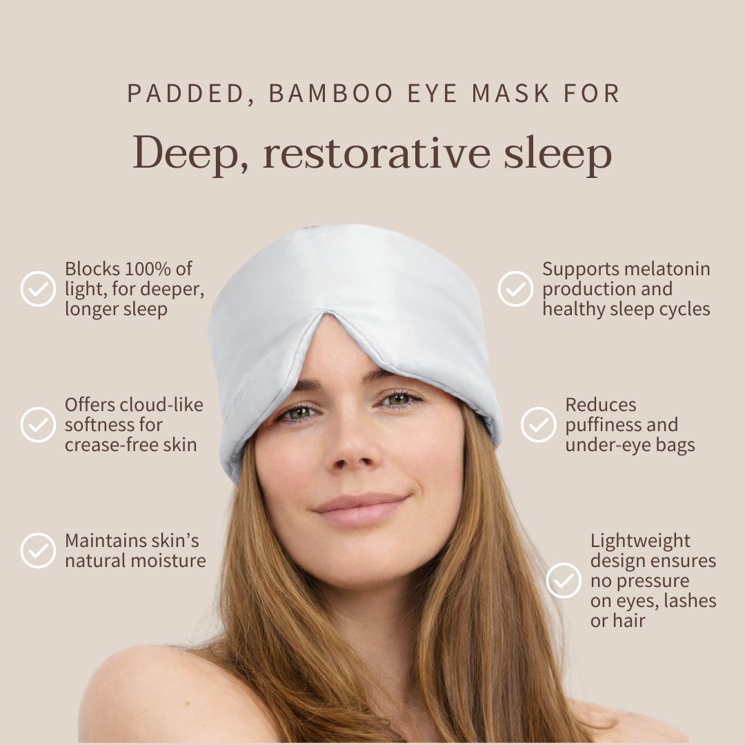 Lady wearing sleep eye mask on forehead plus eye mask benefits