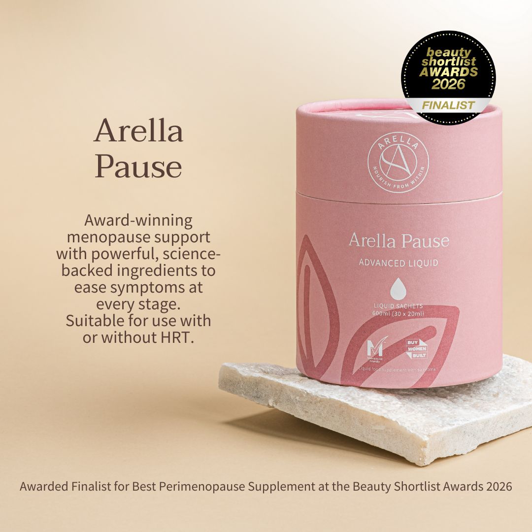 Tub of Arella Pause liquid menopause support on a beige background with awards badge and text about menopause support.