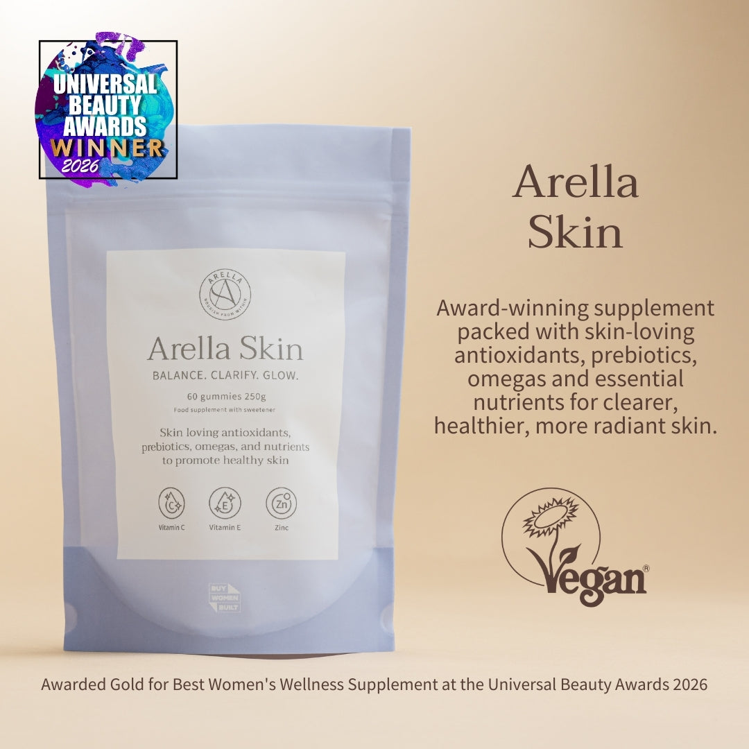 Arella Skin Gummies pouch with vegan and Universal Beauty Awards winner badges