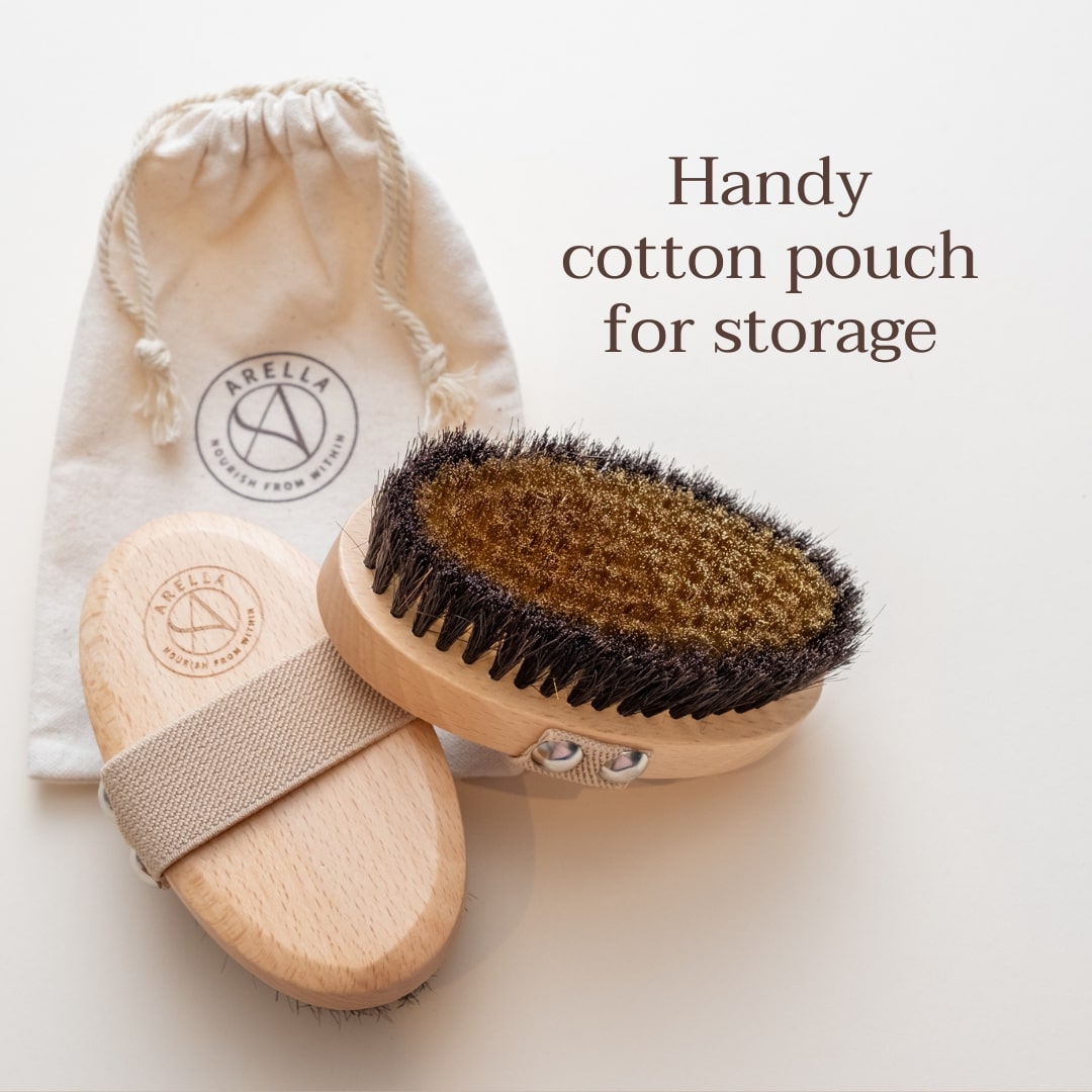 Arella body brush with its cotton drawstring storage pouch