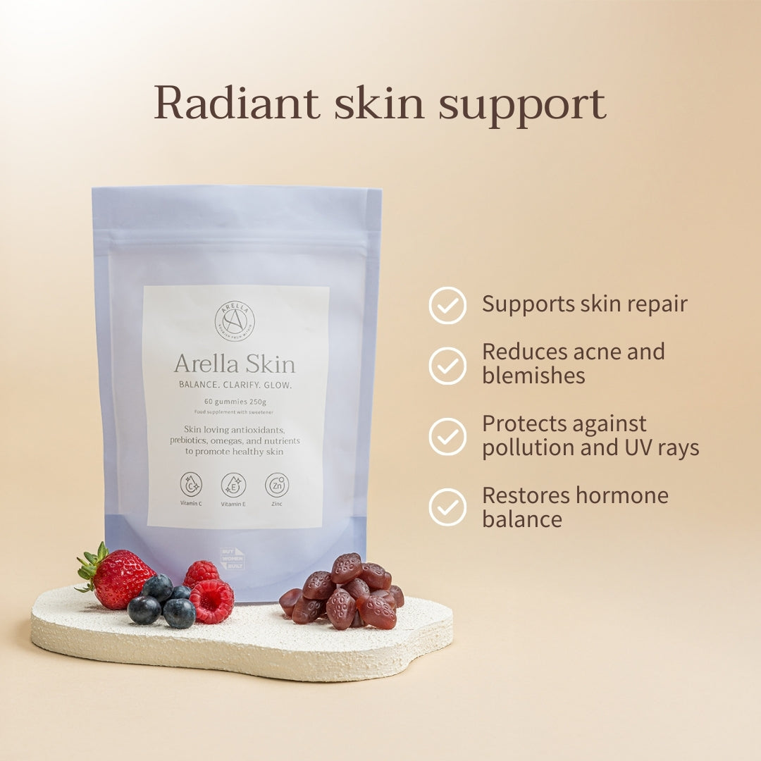 Arella Skin Gummies pouch with berries and a list of skin-support benefits