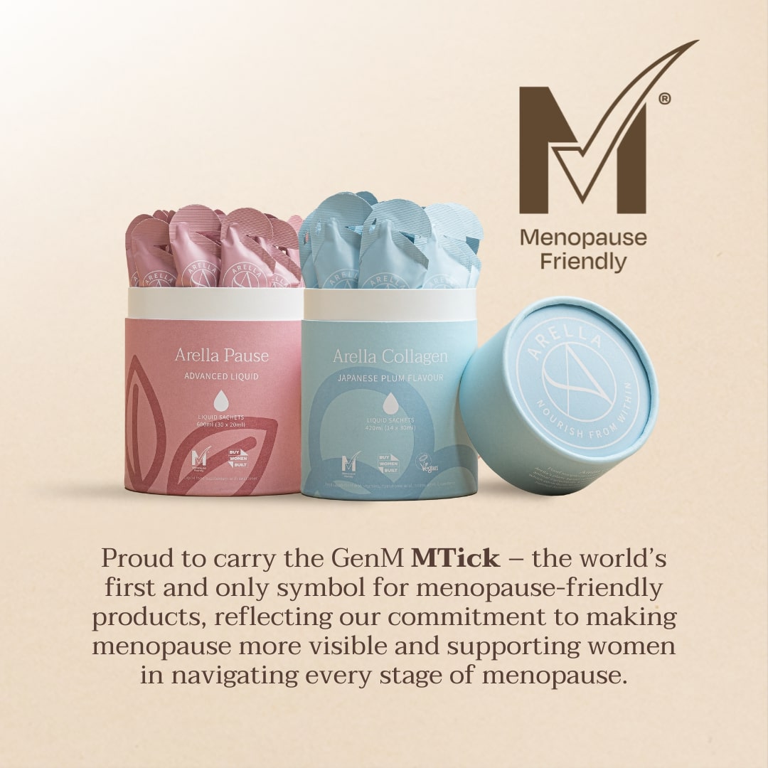 Open Arella Collagen and Pause tins with the menopause-friendly MTick symbol