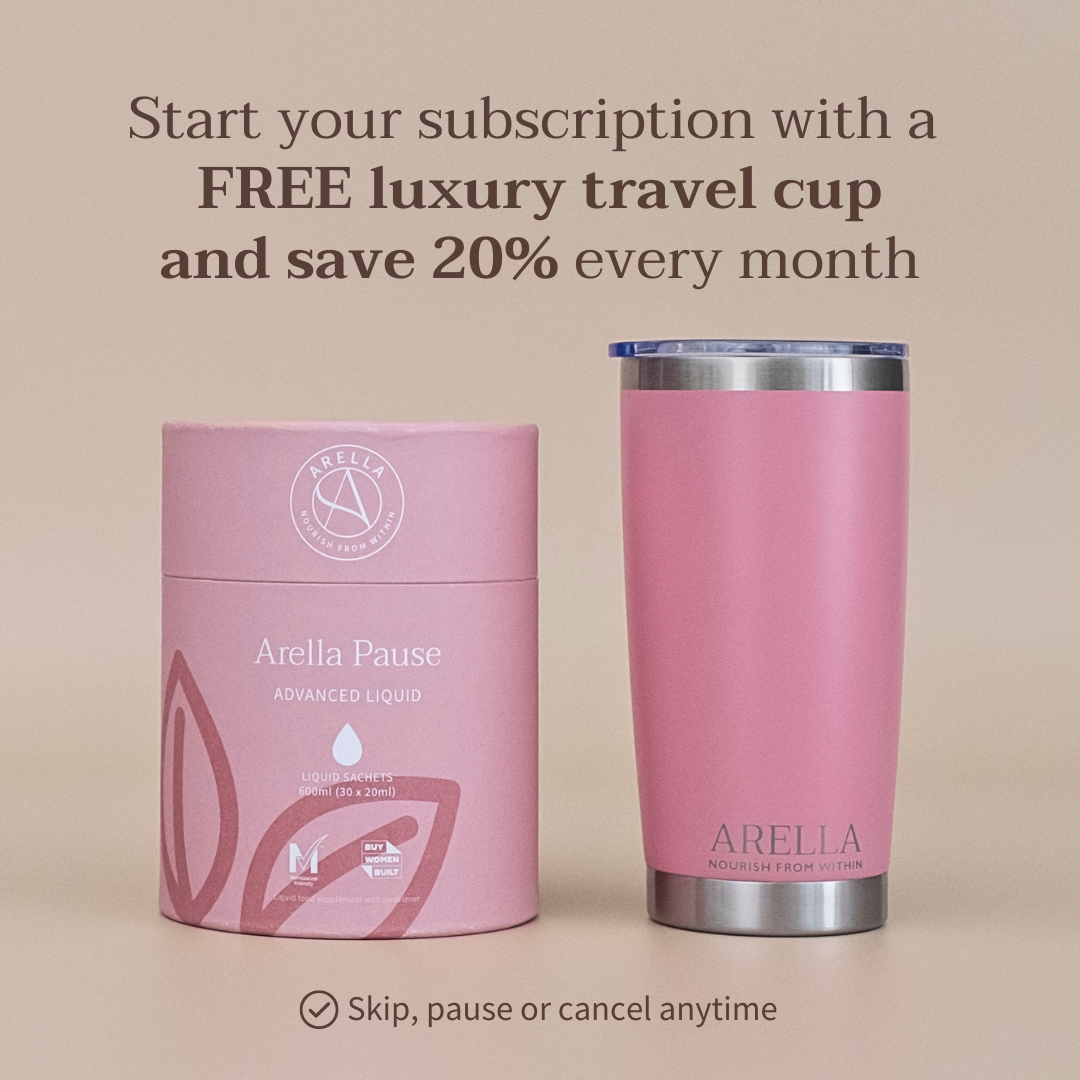 Menopause supplement subscription offer showing pink travel mug and cylindrical container with 'Arella' branding on a beige background, promotional text overlay.