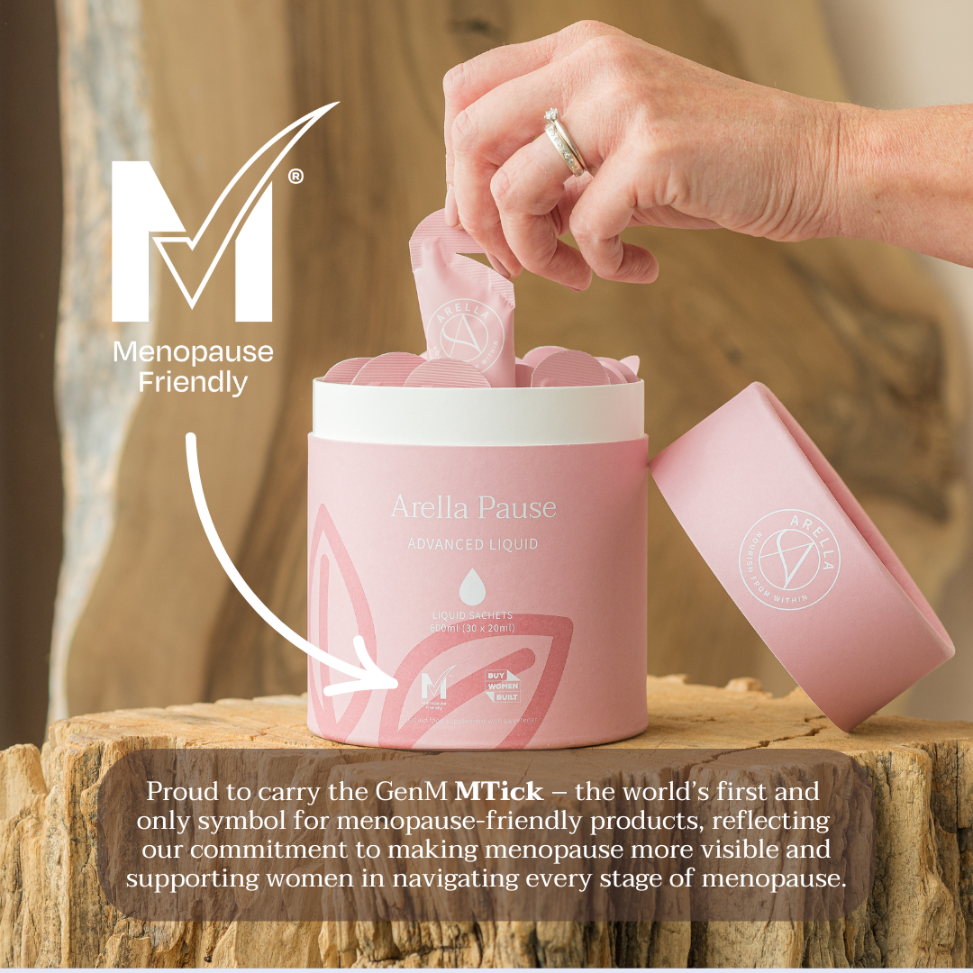 Hand taking a sachet from an Arella Pause tin beside the menopause-friendly MTick symbol