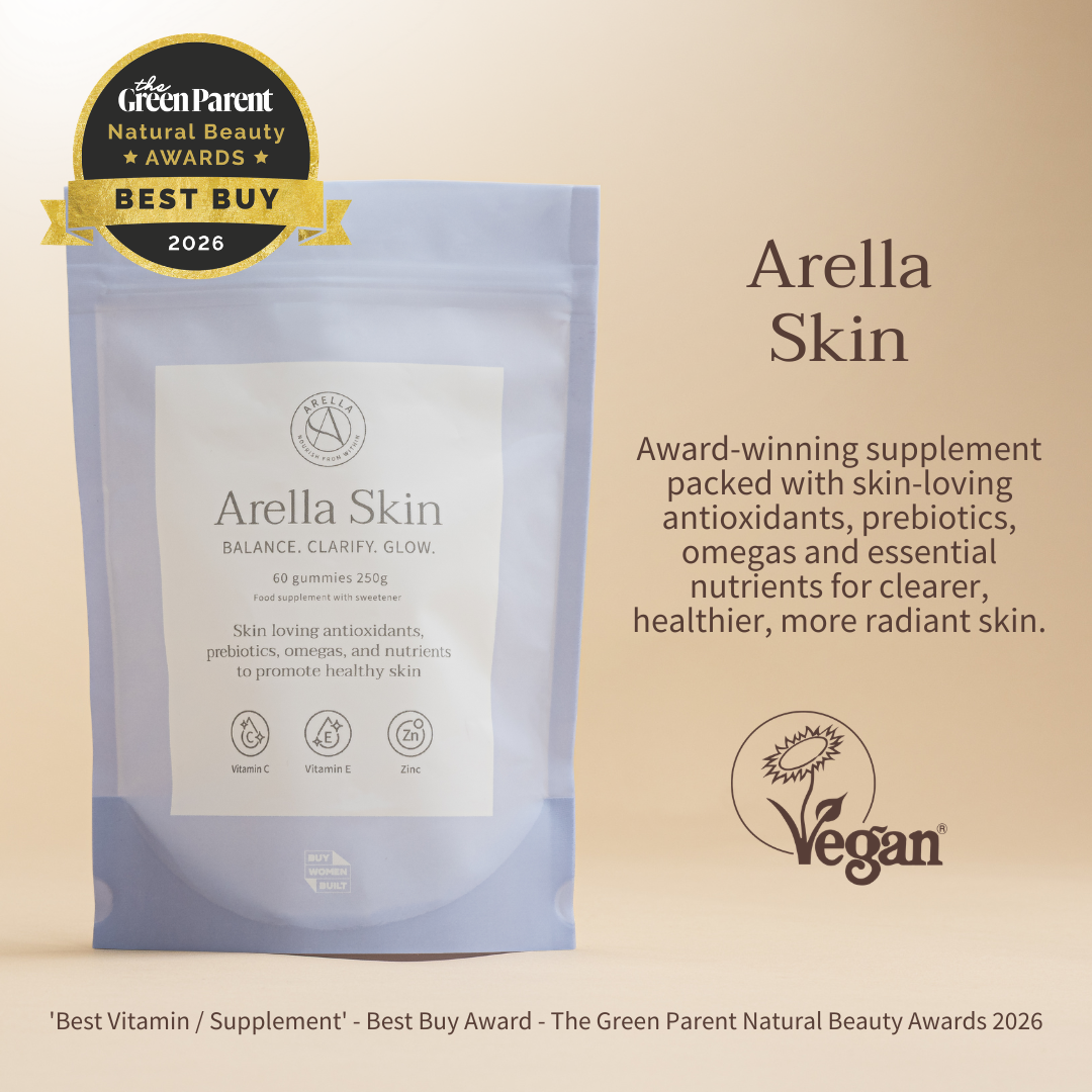 Award winning Arella Skin gummies in a light blue pouch with a white label, shown on a beige backdrop with award badge and product text.