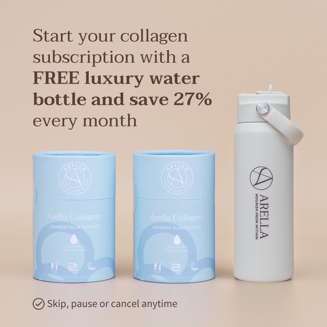 Liquid collagen subscription offer with two cylindrical containers and a cream water bottle on a beige background. Text reads: Start your collagen subscription with a FREE luxury water bottle and save 27% every month.