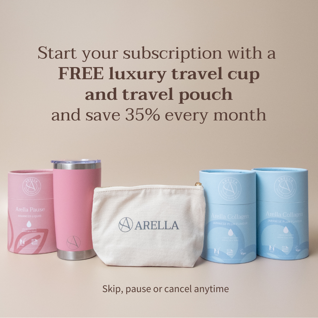 Promotional product shot showing Arella liquid collagen and menopause supplements with pink travel cup and cream travel pouch on a warm beige background with marketing text.