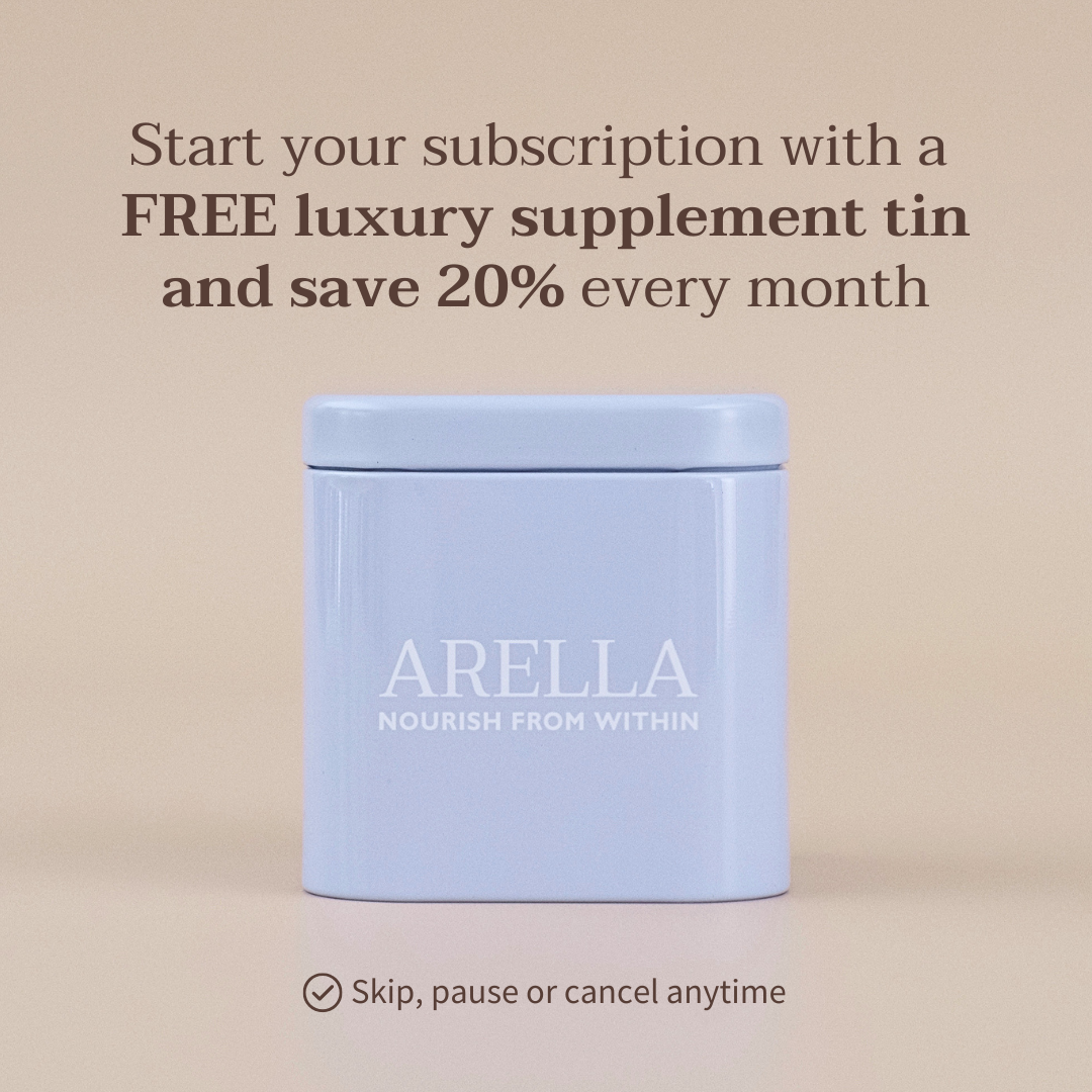 Light blue supplement tin with 'ARELLA' branding on a beige background, with subscription benefits text overlay.