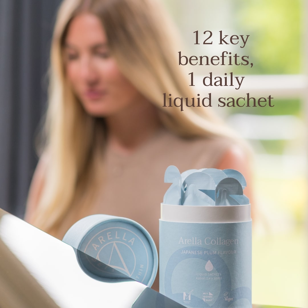 Woman opening an Arella Collagen tin: 12 key benefits in one daily liquid sachet