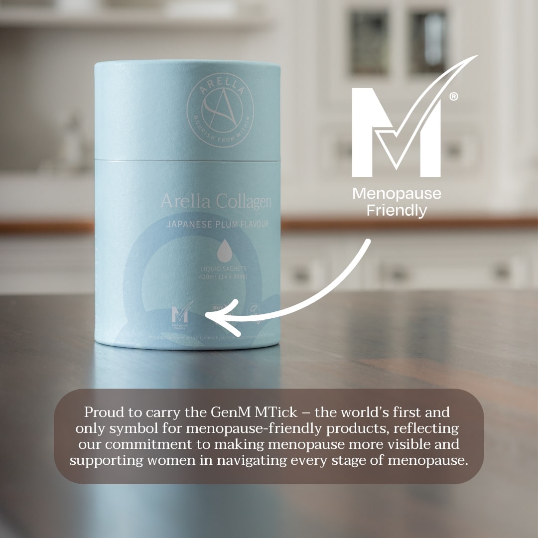 Arella Collagen tin with the GenM menopause-friendly MTick symbol