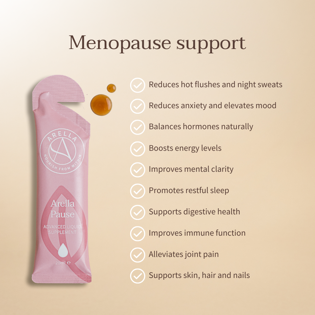 Arella Pause sachet beside a list of menopause-support benefits