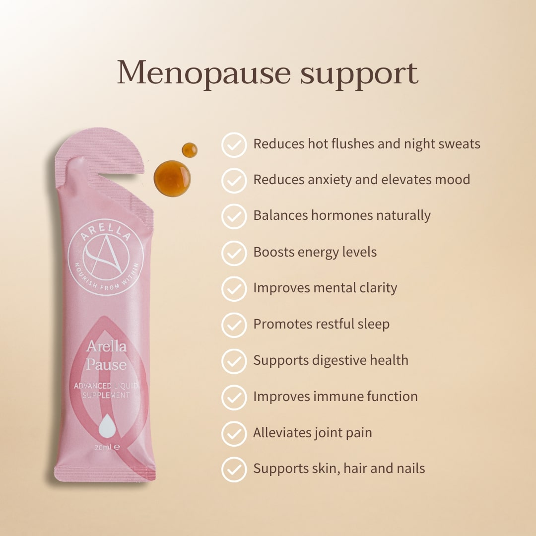 Arella Pause sachet beside a list of menopause-support benefits