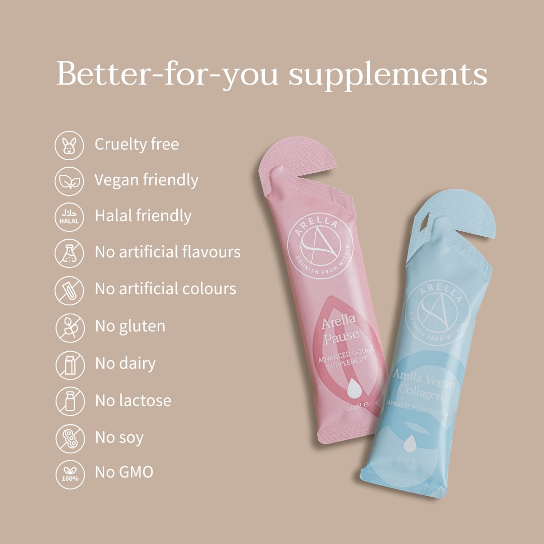 Blue and pink Arella sachets beside vegan, cruelty-free and dietary suitability information