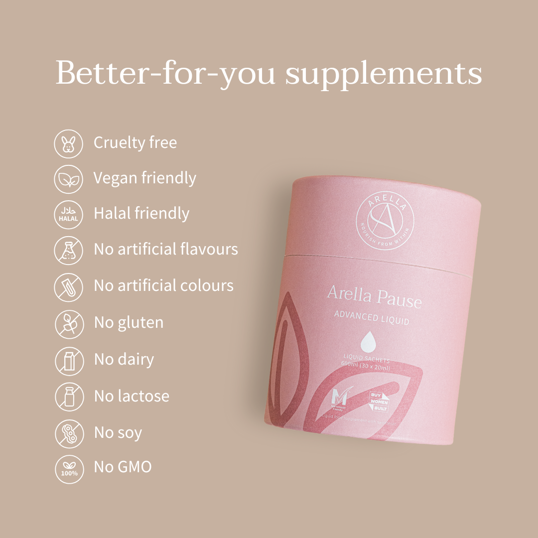 Arella Pause tin beside its vegan, cruelty-free and dietary suitability information