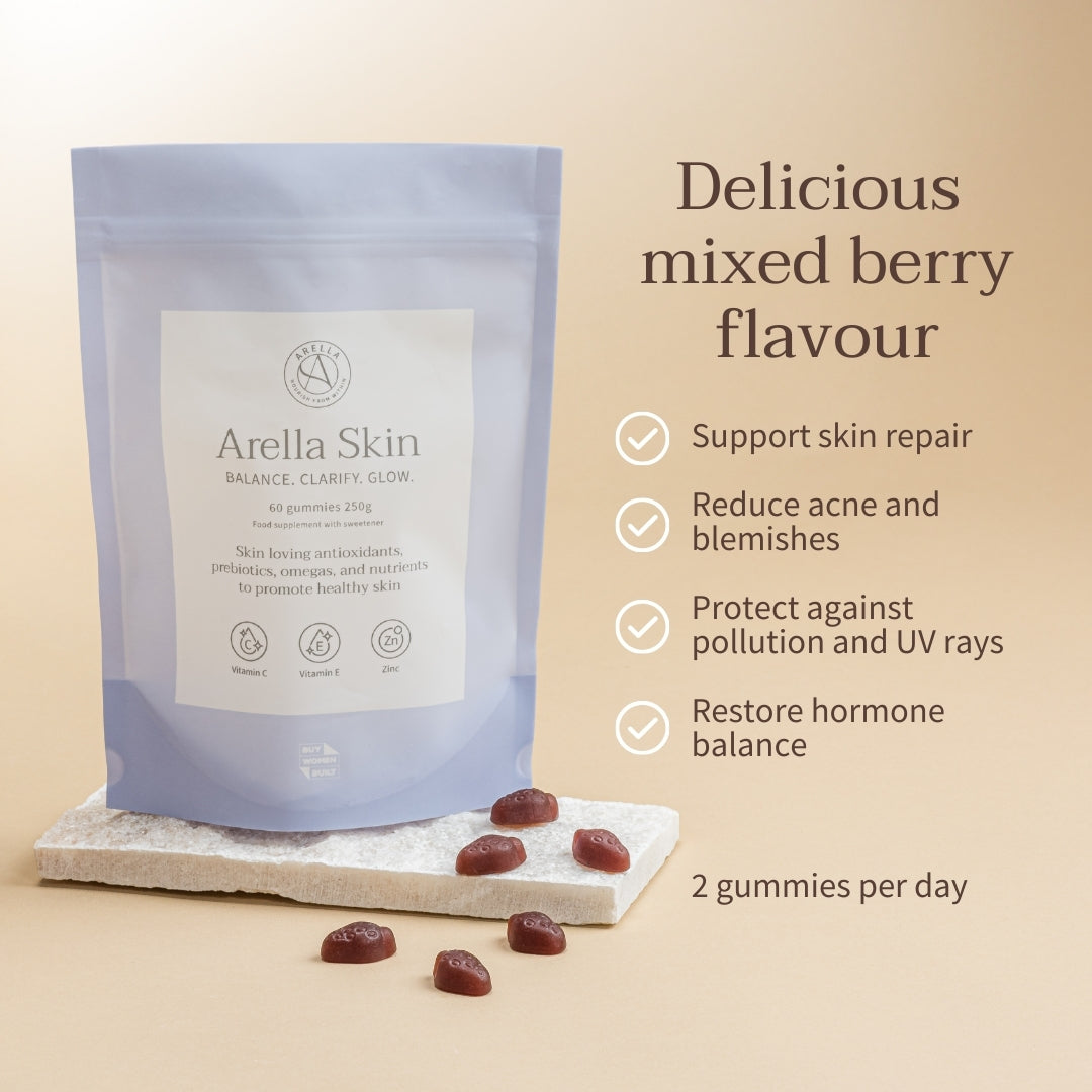 Arella Skin Gummies pouch and berry-flavoured gummies with daily serving information