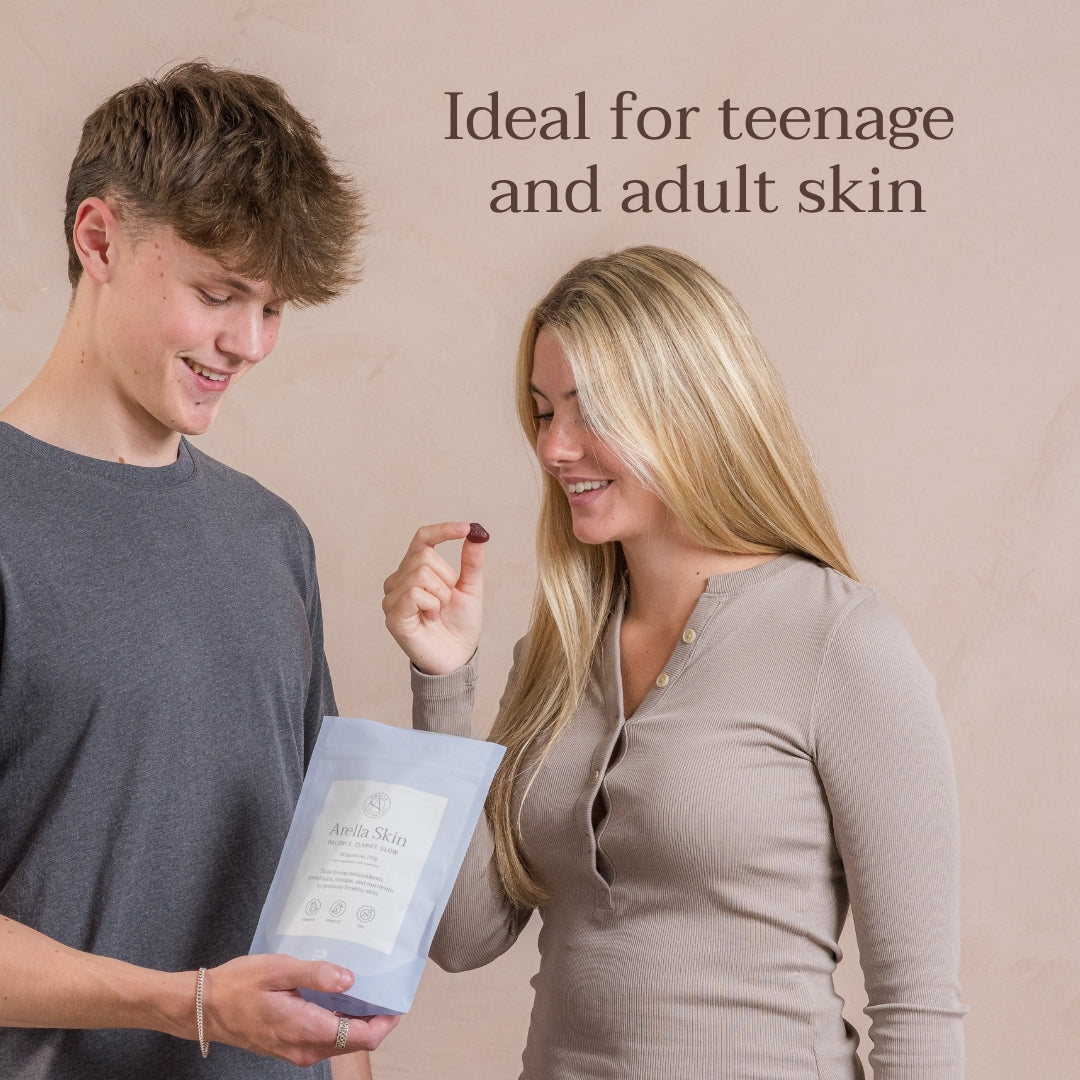 Two people sharing Arella Skin Gummies, described as suitable for teenage and adult skin